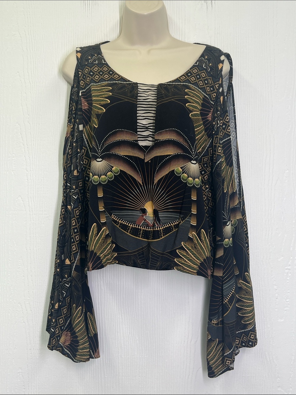 Farm Rio - Tropical Colorful Art Deco Landscape Scoop Neck Bell Sleeves Blouse M